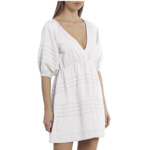 Avec Les Filles Open Back Puff Sleeve V-Neck White Cotton Mini Dress Size Small